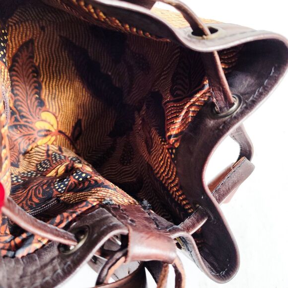 Vintage Boho Brown Tan Rattan Leather Drawstring Crossbody Backpack Bucket Bag main image 6